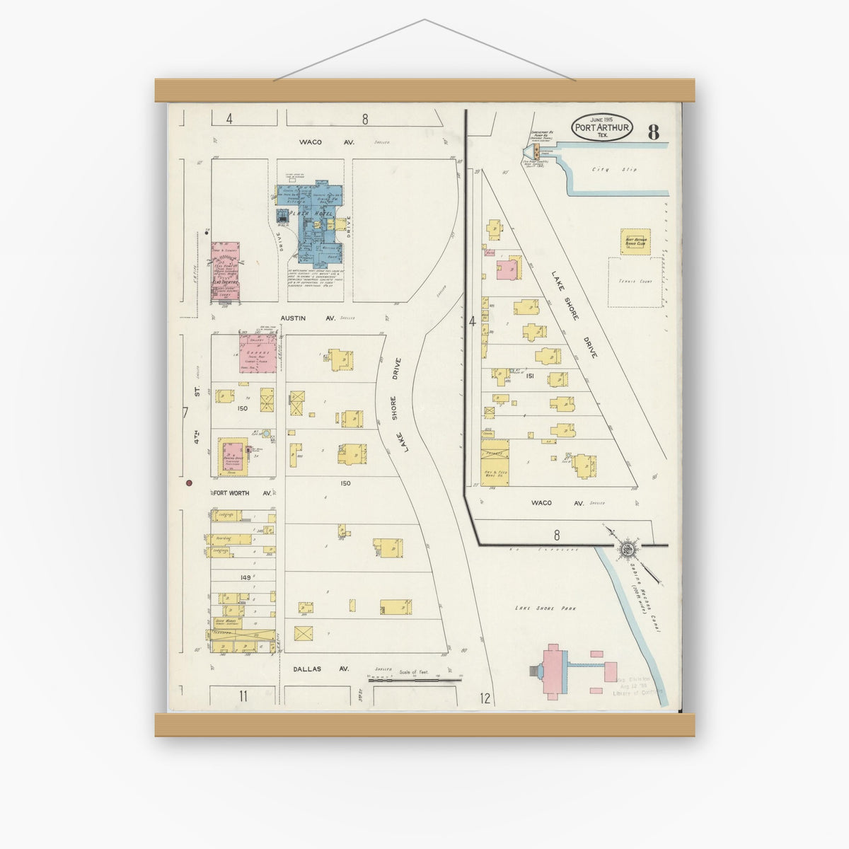Old map wall art mockup — magnetic wood frame on white wall — Sanborn Fire Insurance Map from Port Arthur, Jefferson County, Texas (1915), Sheet #0008