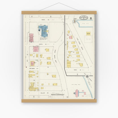 Old map wall art mockup — magnetic wood frame on white wall — Sanborn Fire Insurance Map from Port Arthur, Jefferson County, Texas (1915), Sheet #0008