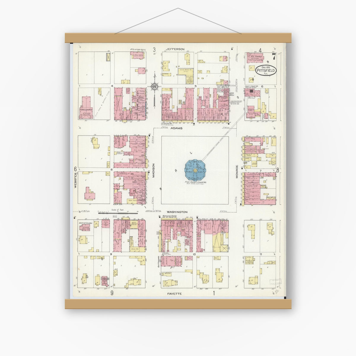Old map wall art mockup — magnetic wood frame on white wall — Sanborn Fire Insurance Map from Pittsfield, Pike County, Illinois (1913), Sheet #0007