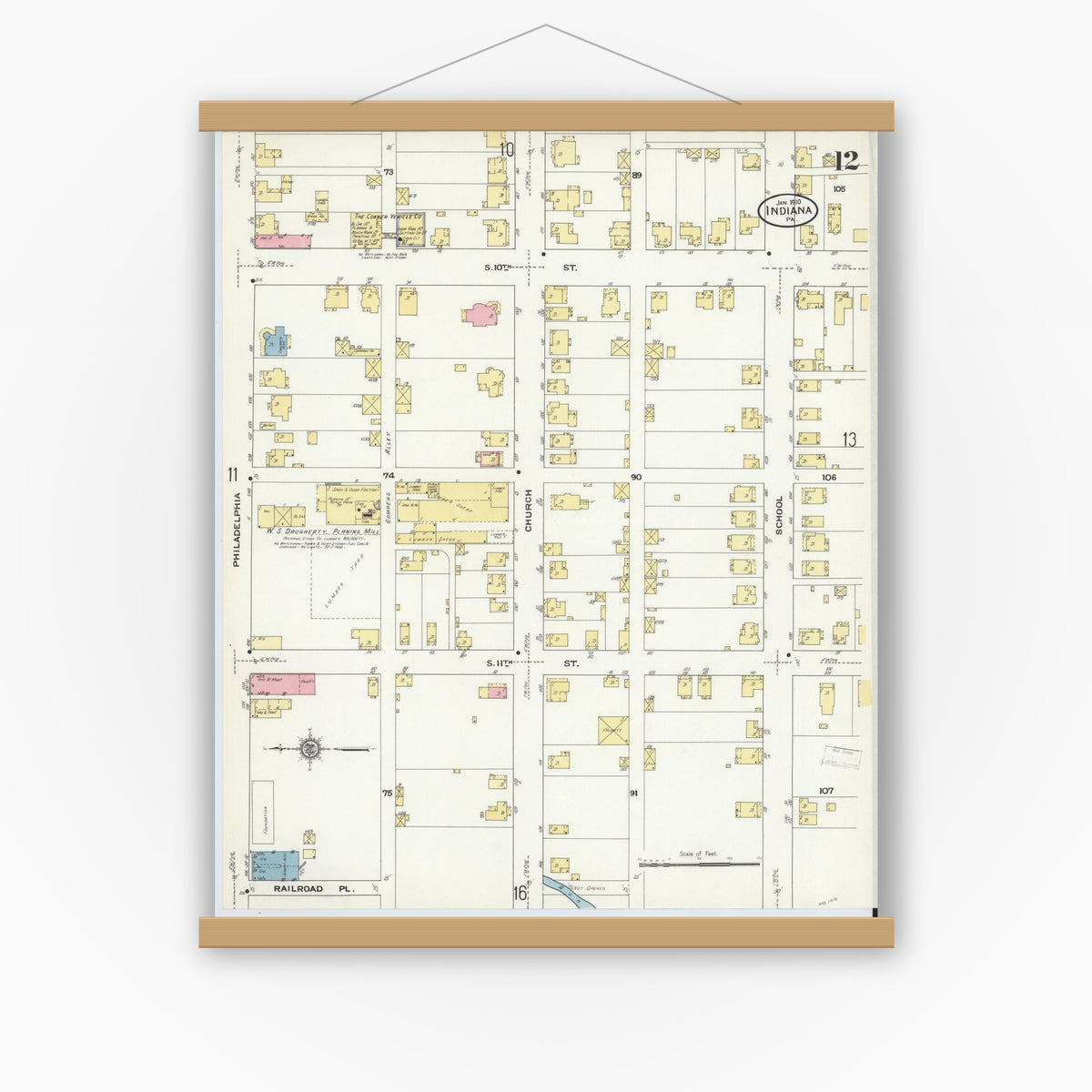 Old map wall art mockup — magnetic wood frame on white wall — Sanborn Fire Insurance Map from Indiana, Indiana County, Pennsylvania (1910), Sheet #0012