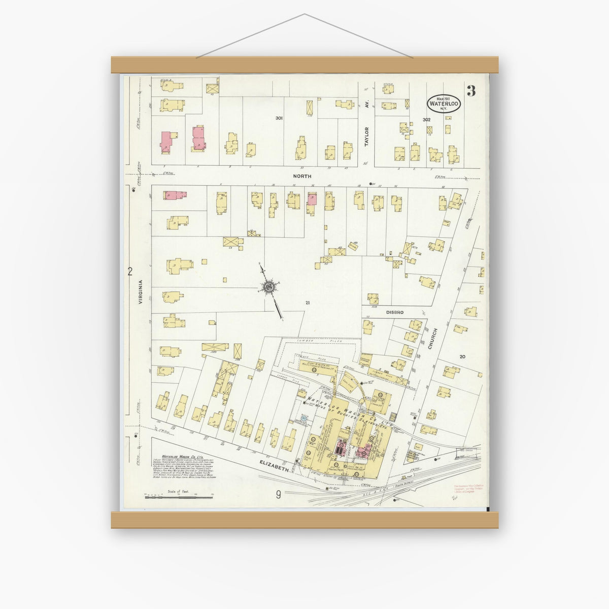 Old map wall art mockup — magnetic wood frame on white wall — Sanborn Fire Insurance Map from Waterloo, Seneca County, New York (1911), Sheet #0003