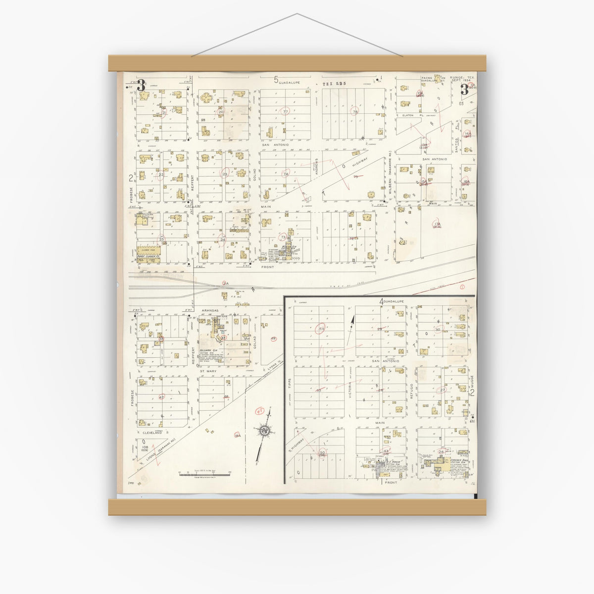 Old map wall art mockup — magnetic wood frame on white wall — Sanborn Fire Insurance Map from Runge, Karnes County, Texas (1944), Sheet #0003