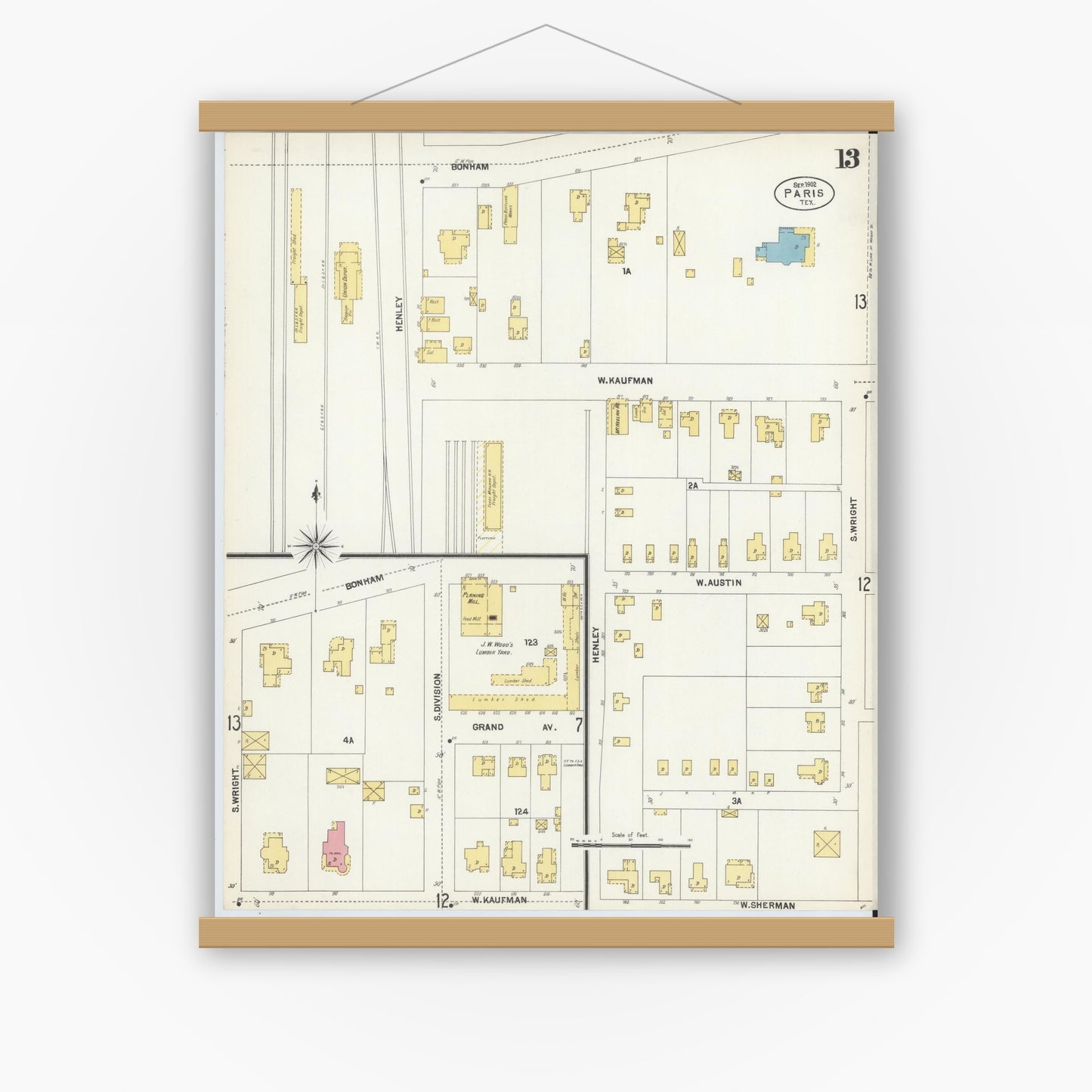 Old map wall art mockup — magnetic wood frame on white wall — Sanborn Fire Insurance Map from Paris, Lamar County, Texas (1902), Sheet #0013