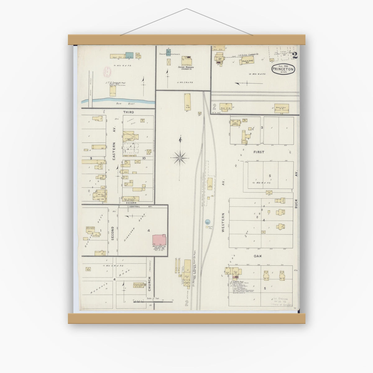 Old map wall art mockup — magnetic wood frame on white wall — Sanborn Fire Insurance Map from Princeton, Mille Lacs County, Minnesota (1894), Sheet #0002