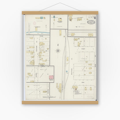 Old map wall art mockup — magnetic wood frame on white wall — Sanborn Fire Insurance Map from Princeton, Mille Lacs County, Minnesota (1894), Sheet #0002
