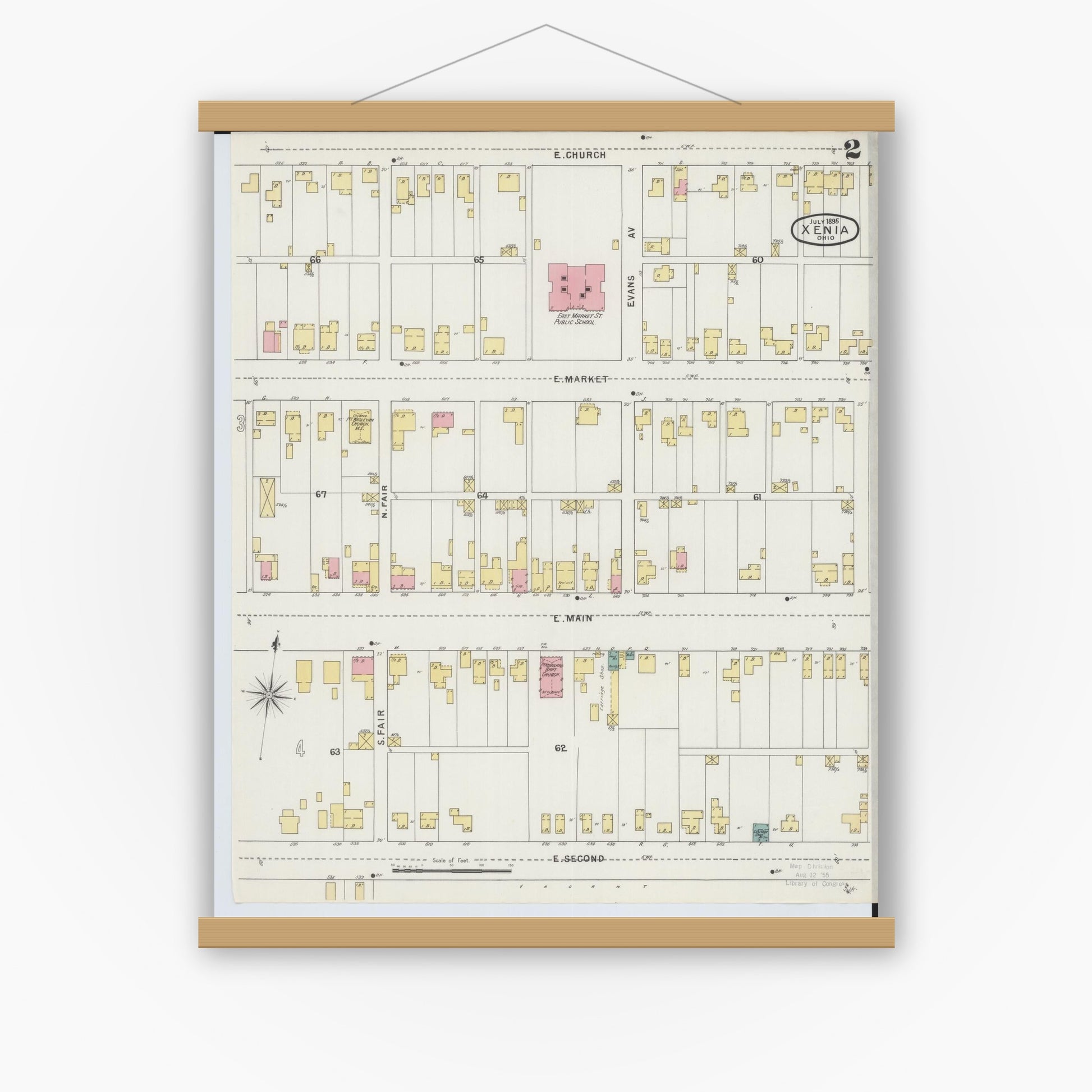 Old map wall art mockup — magnetic wood frame on white wall — Sanborn Fire Insurance Map from Xenia, Greene County, Ohio (1895), Sheet #0002
