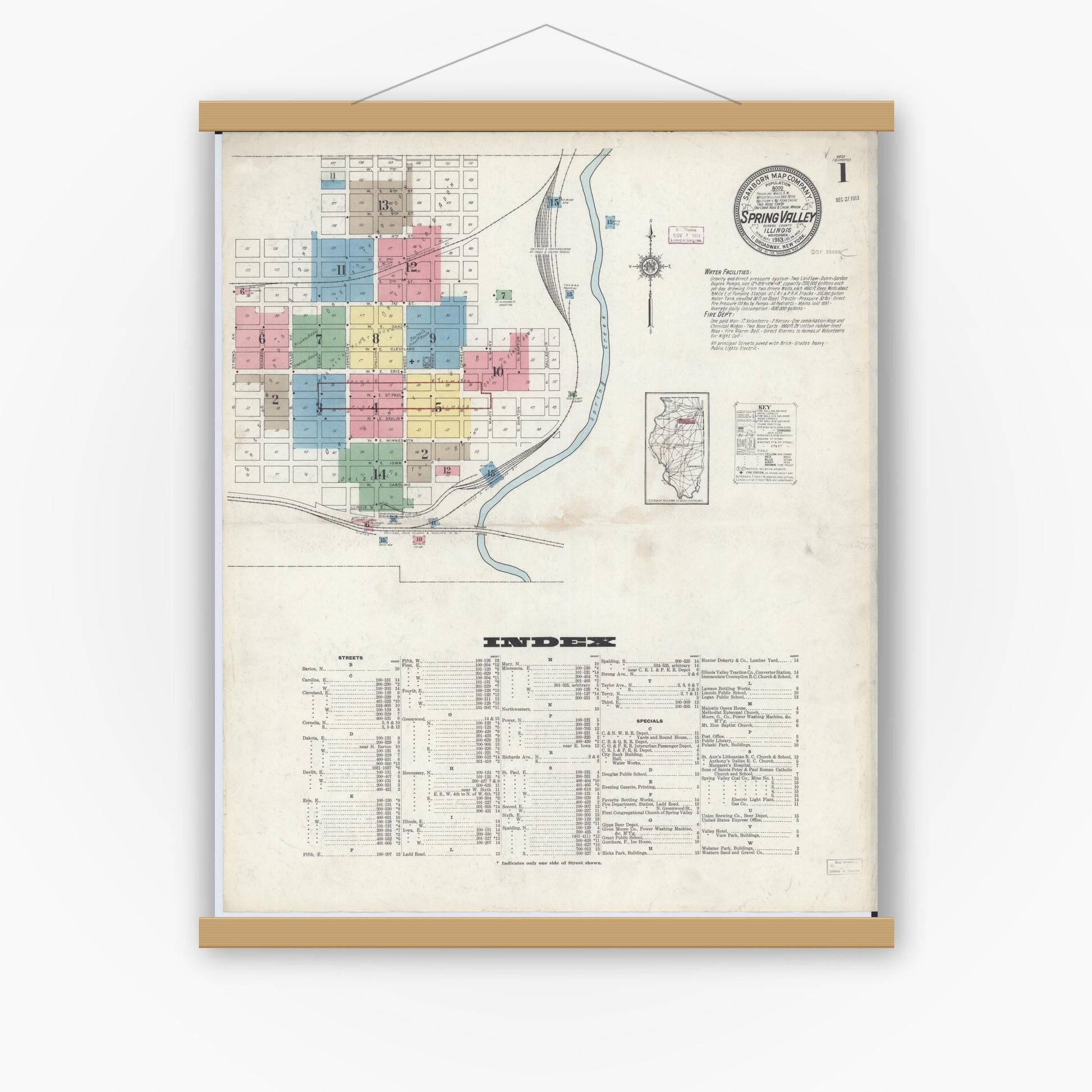 Old map wall art mockup — magnetic wood frame on white wall — Sanborn Fire Insurance Map from Spring Valley, Bureau County, Illinois (1913) - Complete Map Set