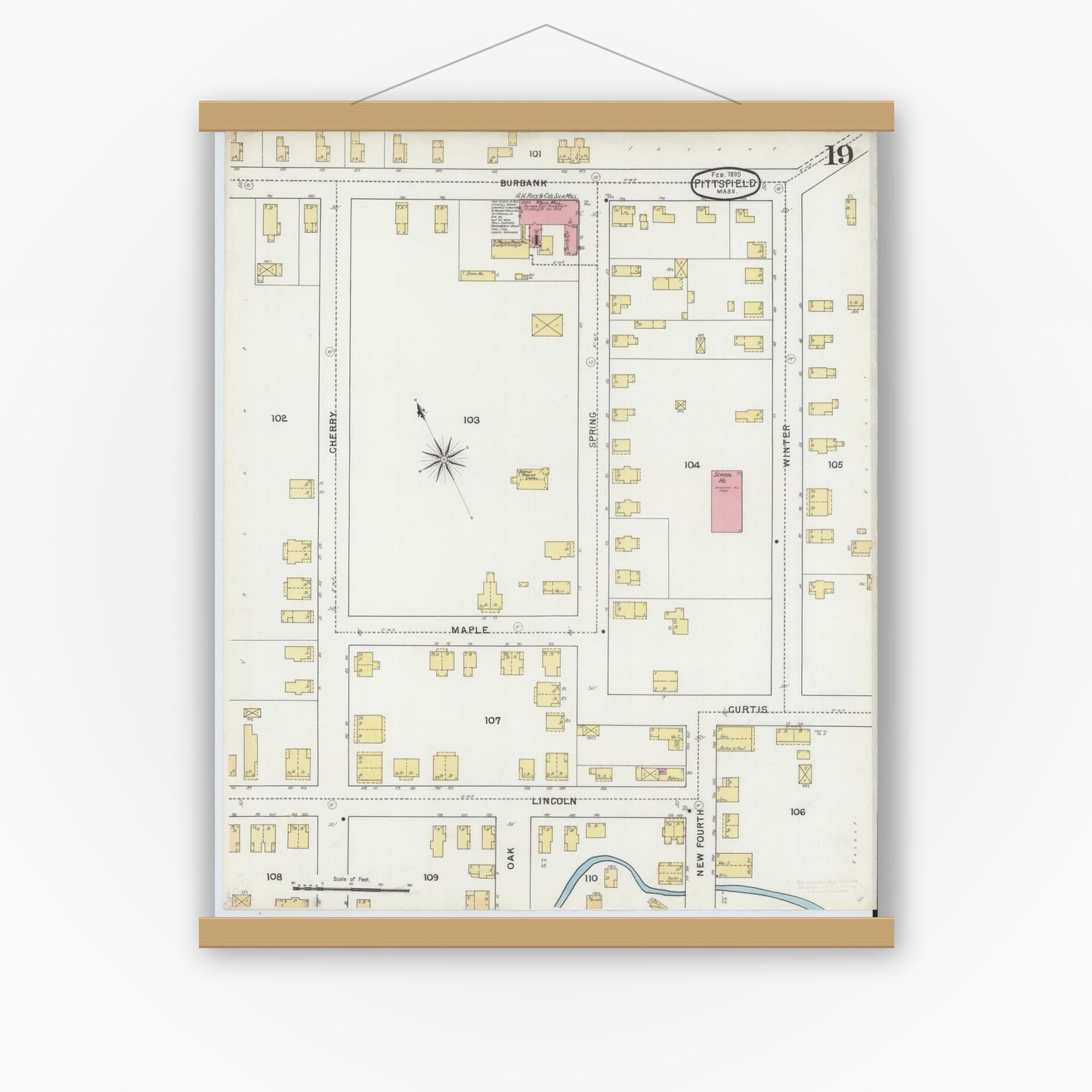 Old map wall art mockup — magnetic wood frame on white wall — Sanborn Fire Insurance Map from Pittsfield, Berkshire County, Massachusetts (1895), Sheet #0019