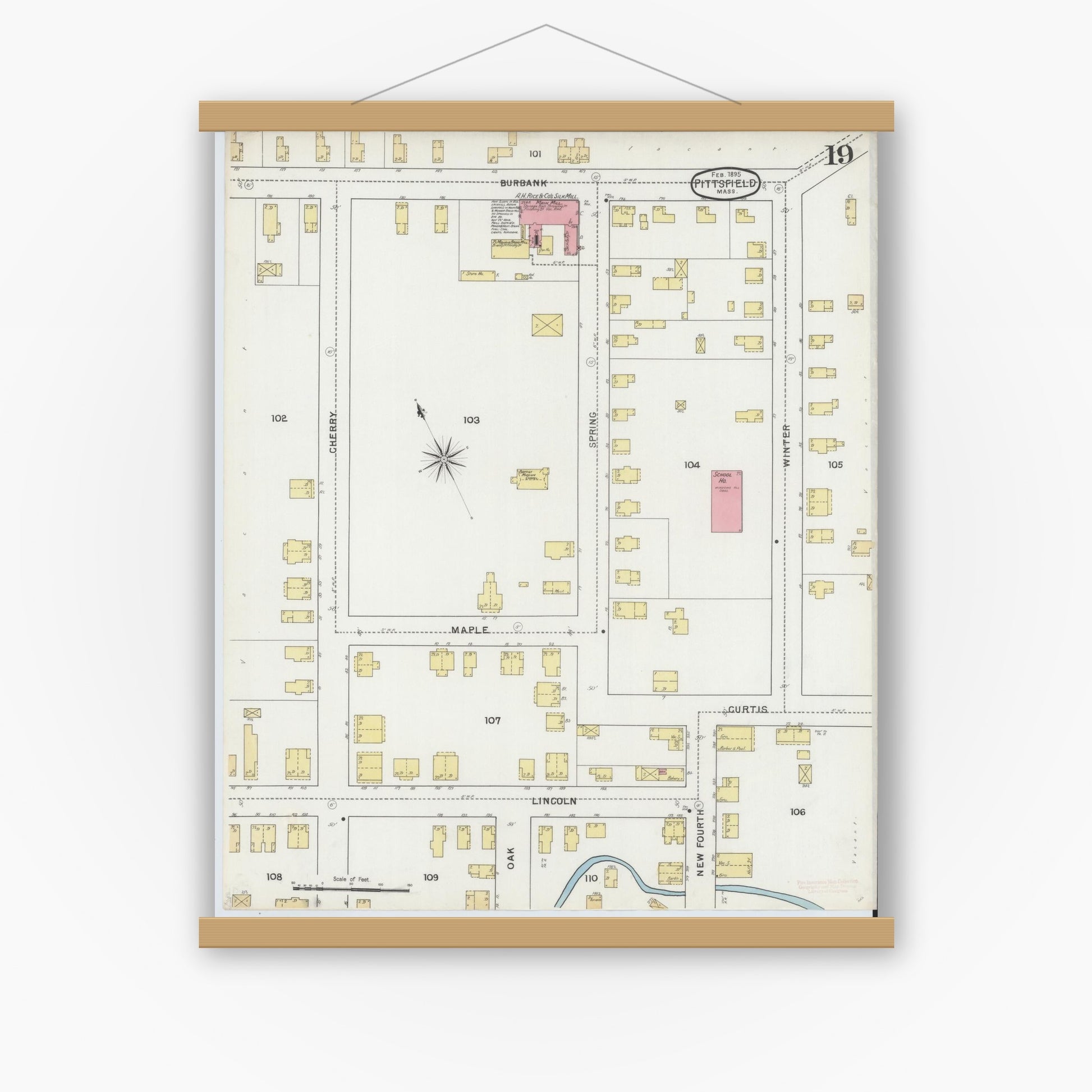 Old map wall art mockup — magnetic wood frame on white wall — Sanborn Fire Insurance Map from Pittsfield, Berkshire County, Massachusetts (1895), Sheet #0019