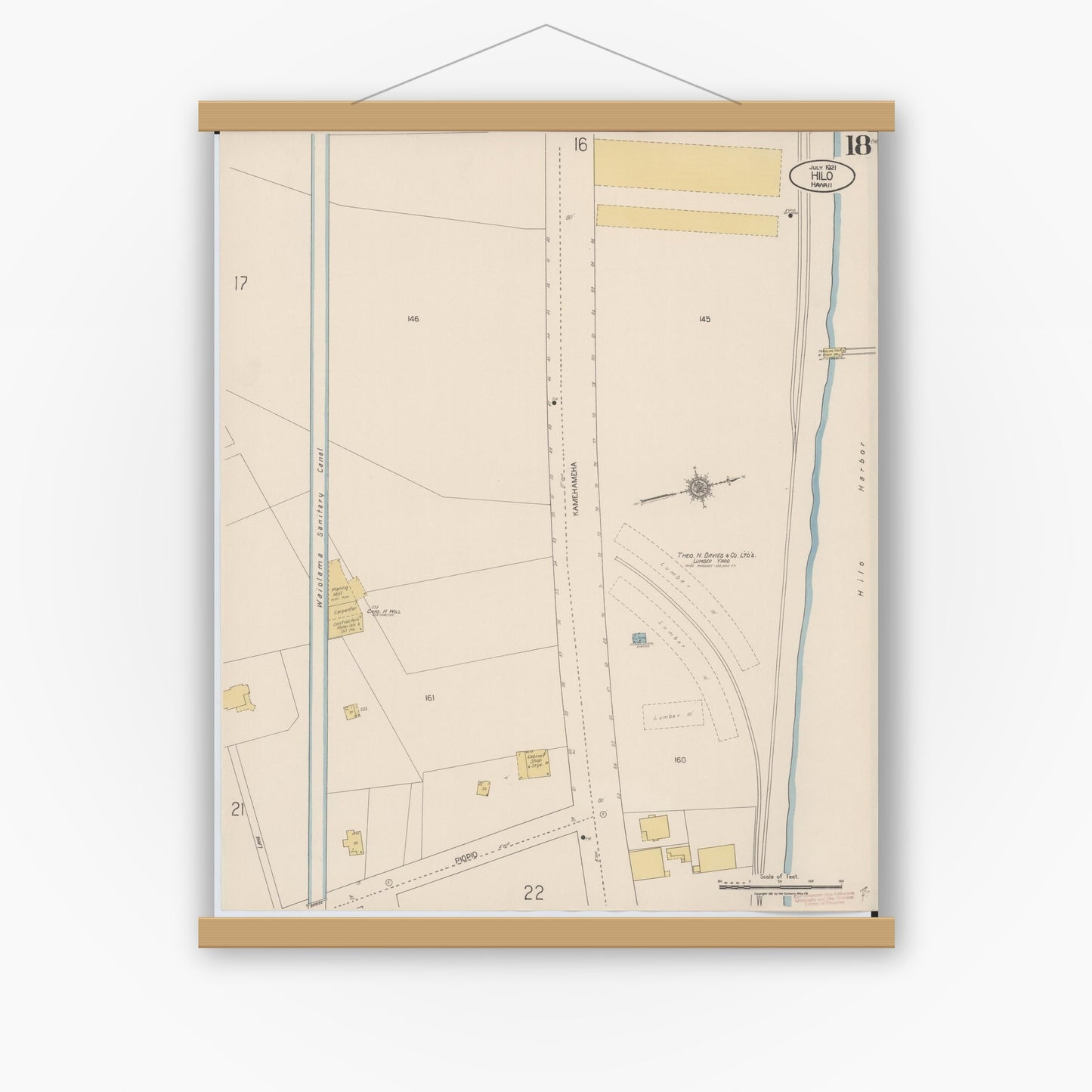 Old map wall art mockup — magnetic wood frame on white wall — Sanborn Fire Insurance Map from Hilo, Hawaii County, Hawaii (1921), Sheet #0018