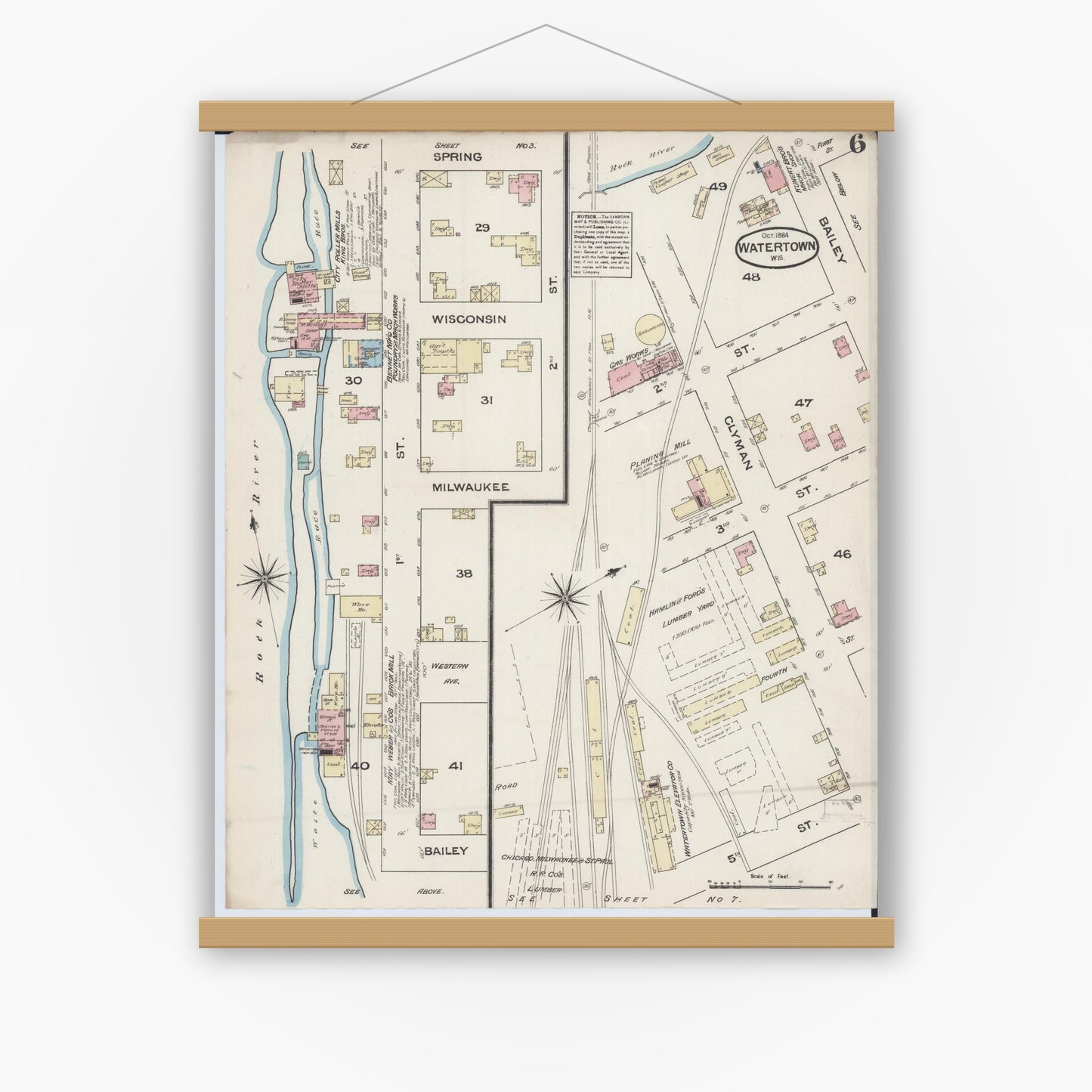 Old map wall art mockup — magnetic wood frame on white wall — Sanborn Fire Insurance Map from Watertown, Jefferson County, Wisconsin (1884), Sheet #0006