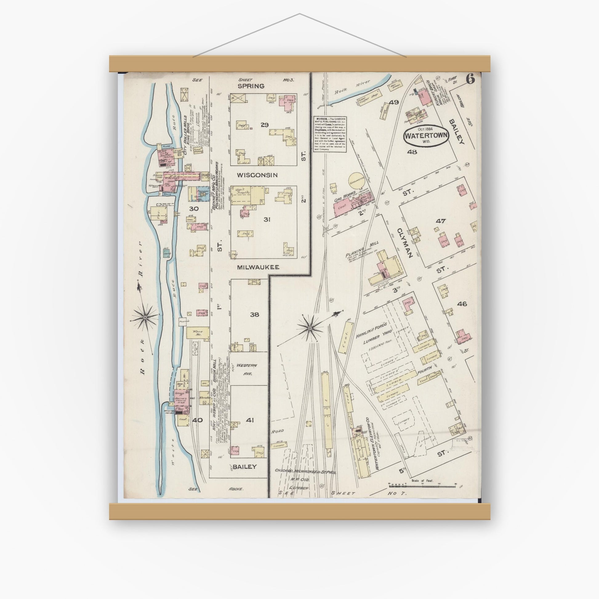 Old map wall art mockup — magnetic wood frame on white wall — Sanborn Fire Insurance Map from Watertown, Jefferson County, Wisconsin (1884), Sheet #0006