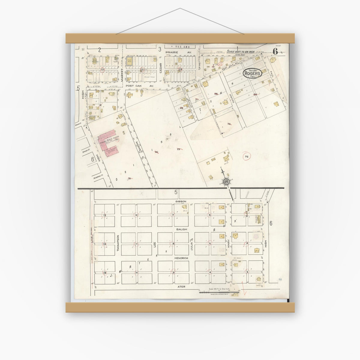 Old map wall art mockup — magnetic wood frame on white wall — Sanborn Fire Insurance Map from Rogers, Bell County, Texas (1944), Sheet #0006