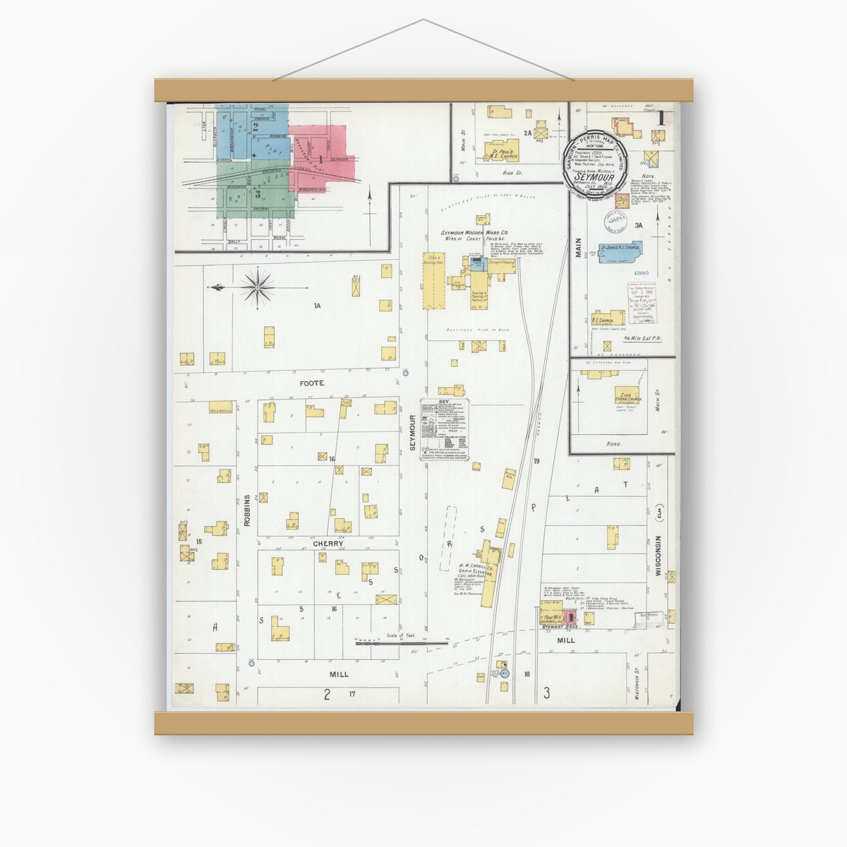 Old map wall art mockup — magnetic wood frame on white wall — Sanborn Fire Insurance Map from Seymour, Outagamie County, Wisconsin (1900) - Complete Map Set