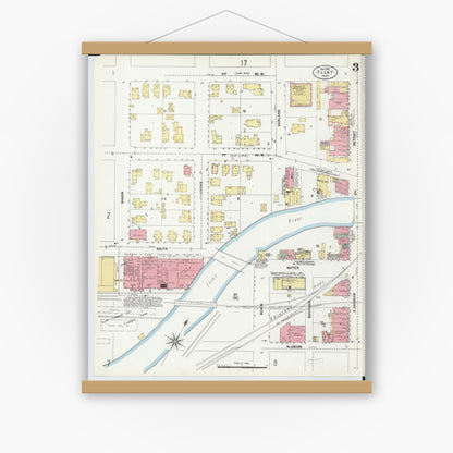 Old map wall art mockup — magnetic wood frame on white wall — Sanborn Fire Insurance Map from Flint, Genesee County, Michigan (1902), Sheet #0003