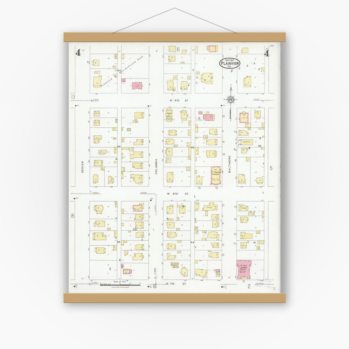 Old map wall art mockup — magnetic wood frame on white wall — Sanborn Fire Insurance Map from Plainview, Hale County, Texas (1927), Sheet #0004