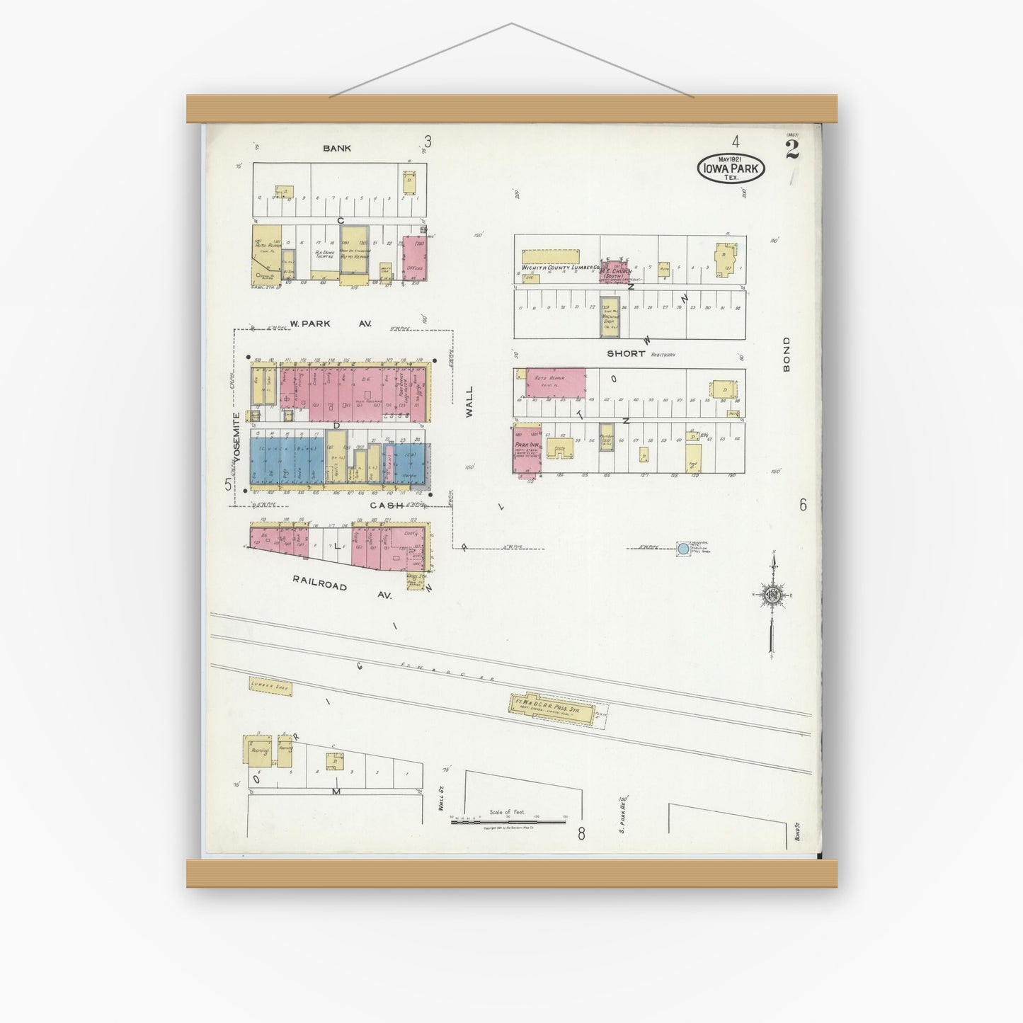 Old map wall art mockup — magnetic wood frame on white wall — Sanborn Fire Insurance Map from Iowa Park, Wichita County, Texas (1921), Sheet #0002
