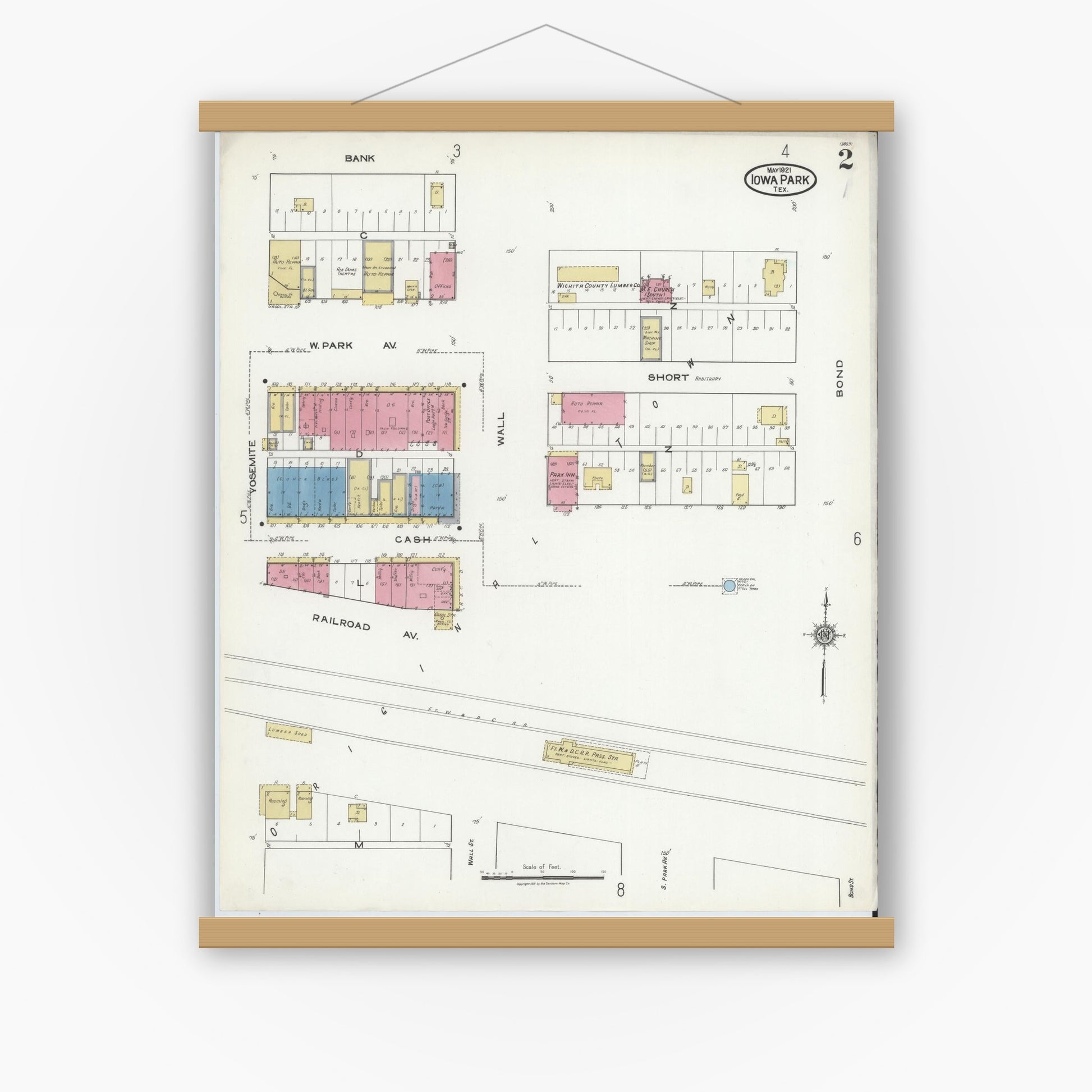 Old map wall art mockup — magnetic wood frame on white wall — Sanborn Fire Insurance Map from Iowa Park, Wichita County, Texas (1921), Sheet #0002