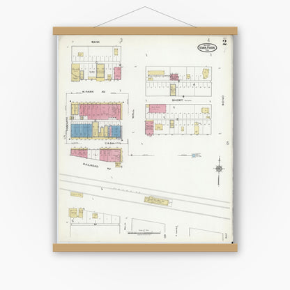 Old map wall art mockup — magnetic wood frame on white wall — Sanborn Fire Insurance Map from Iowa Park, Wichita County, Texas (1921), Sheet #0002
