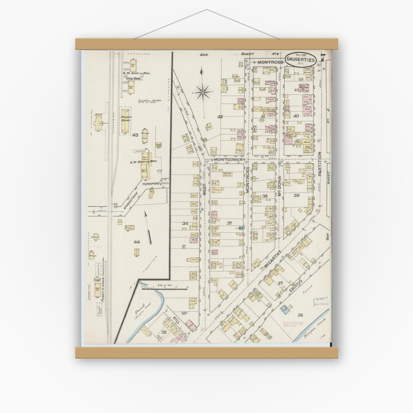 Old map wall art mockup — magnetic wood frame on white wall — Sanborn Fire Insurance Map from Saugerties, Ulster County, New York (1887), Sheet #0007