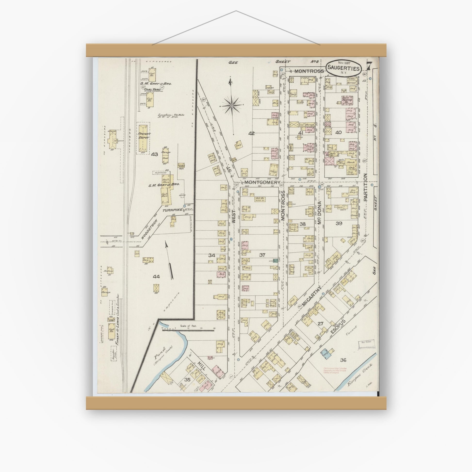 Old map wall art mockup — magnetic wood frame on white wall — Sanborn Fire Insurance Map from Saugerties, Ulster County, New York (1887), Sheet #0007