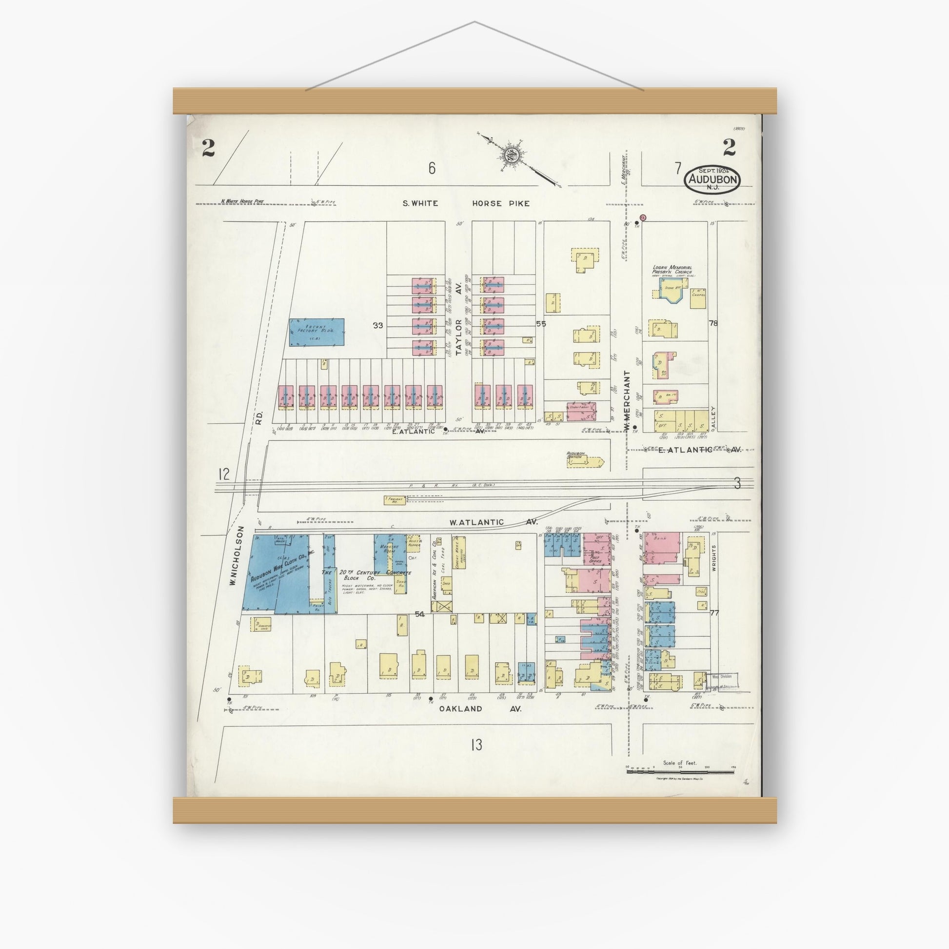 Old map wall art mockup — magnetic wood frame on white wall — Sanborn Fire Insurance Map from Audubon, Camden County, New Jersey (1924), Sheet #0002