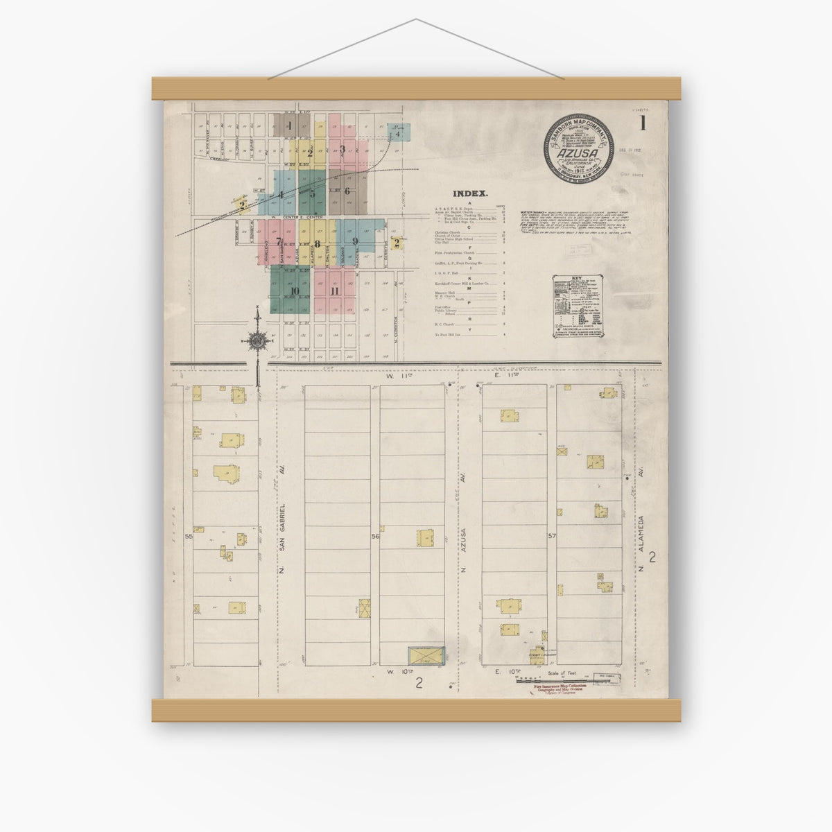 Old map wall art mockup — magnetic wood frame on white wall — Sanborn Fire Insurance Map from Azusa, Los Angeles County, California (1912), Sheet #0001
