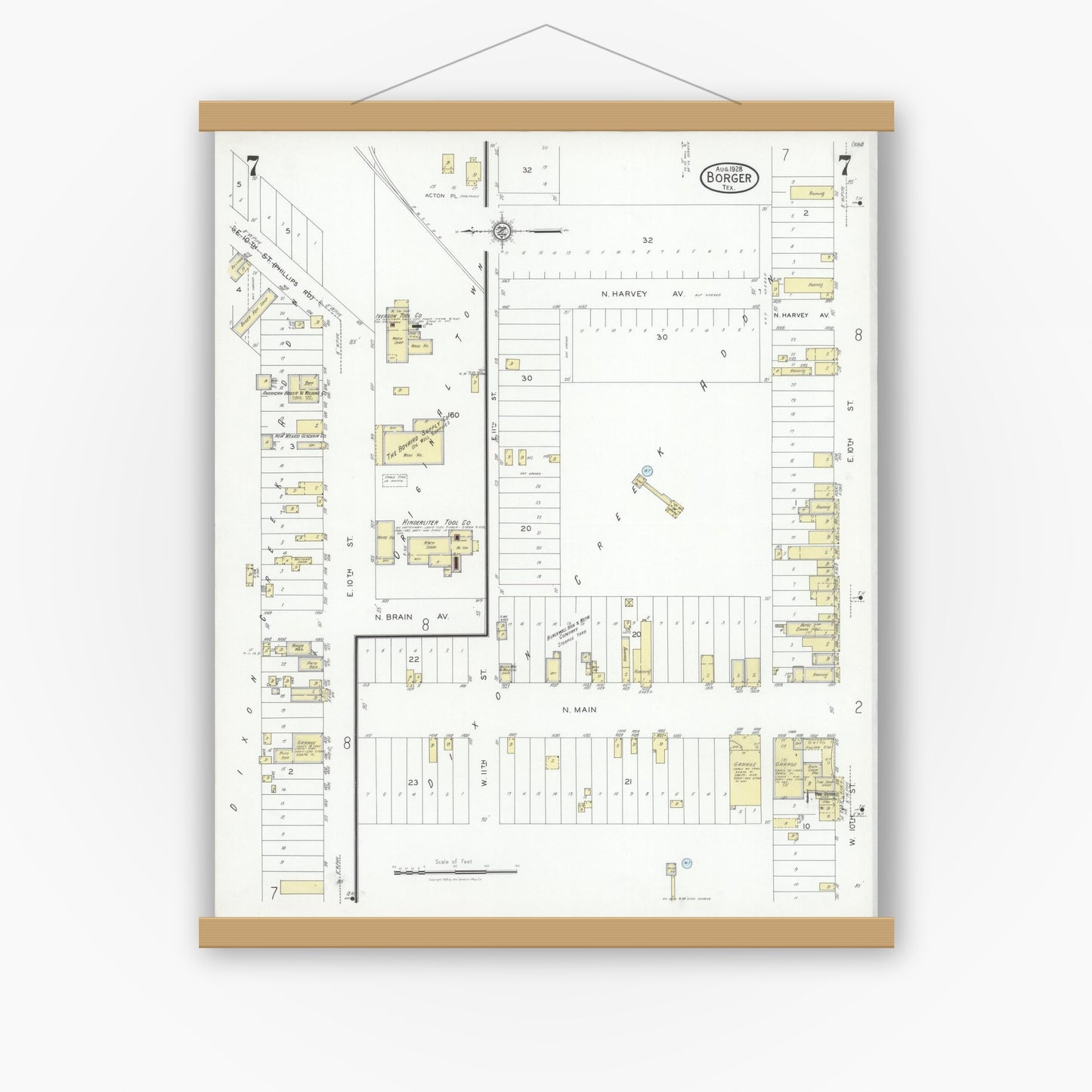 Old map wall art mockup — magnetic wood frame on white wall — Sanborn Fire Insurance Map from Borger, Hutchinson County, Texas (1928), Sheet #0007