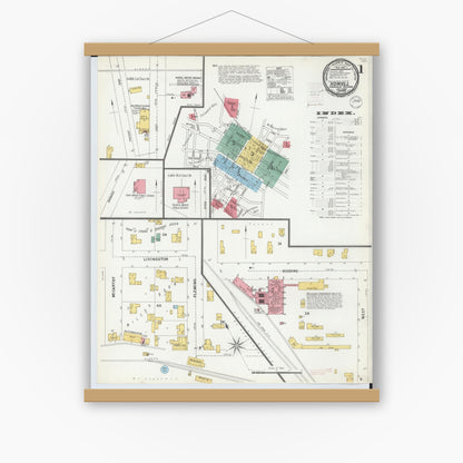 Old map wall art mockup — magnetic wood frame on white wall — Sanborn Fire Insurance Map from Howell, Livingston County, Michigan (1899) - Complete Map Set