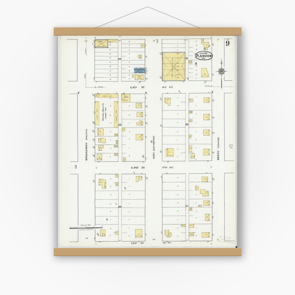 Old map wall art mockup — magnetic wood frame on white wall — Sanborn Fire Insurance Map from Plainview, Hale County, Texas (1921), Sheet #0009