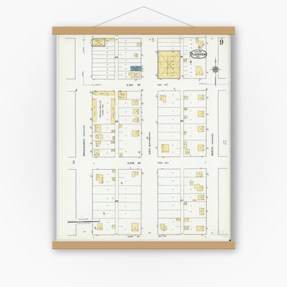 Old map wall art mockup — magnetic wood frame on white wall — Sanborn Fire Insurance Map from Plainview, Hale County, Texas (1921), Sheet #0009