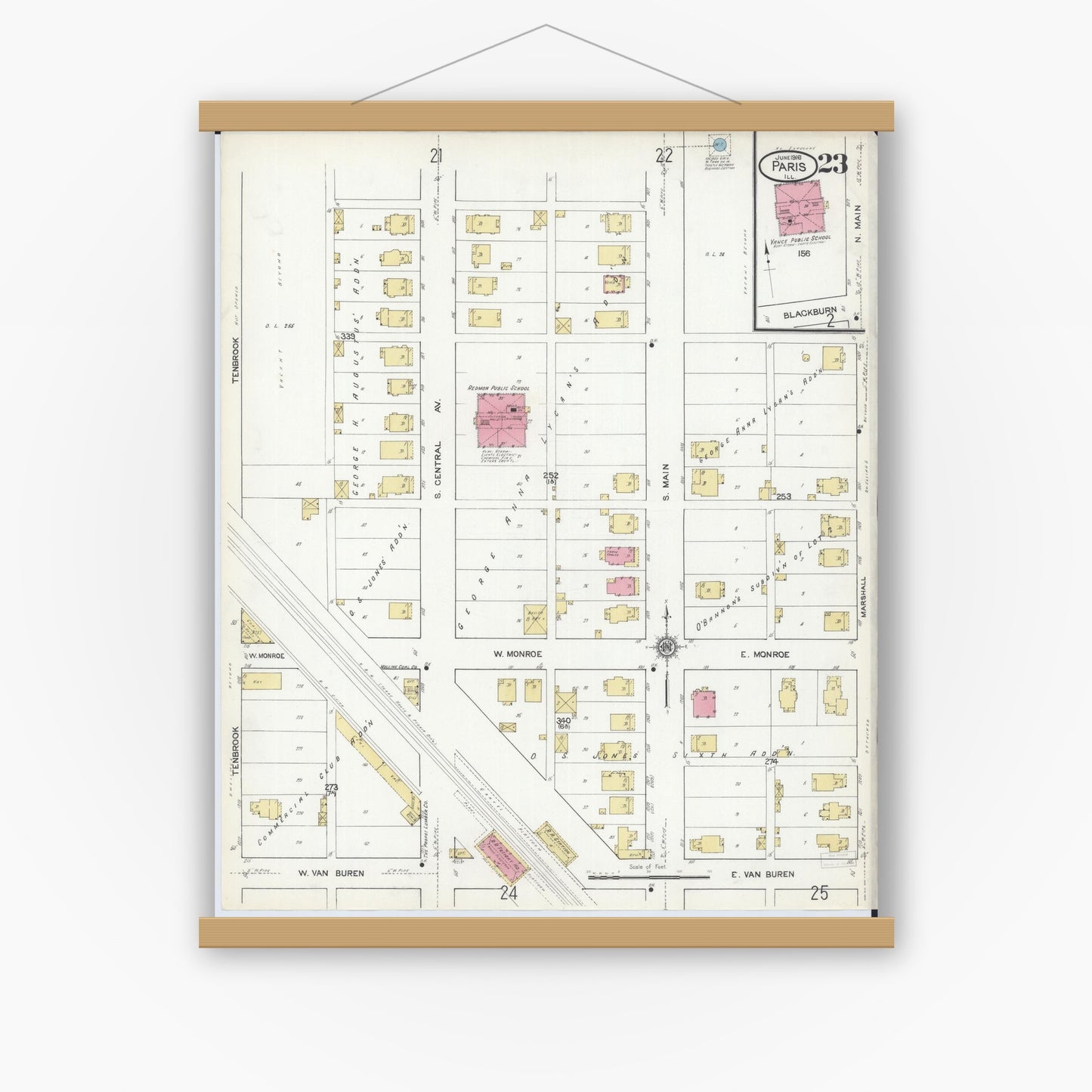 Old map wall art mockup — magnetic wood frame on white wall — Sanborn Fire Insurance Map from Paris, Edgar County, Illinois (1916), Sheet #0023