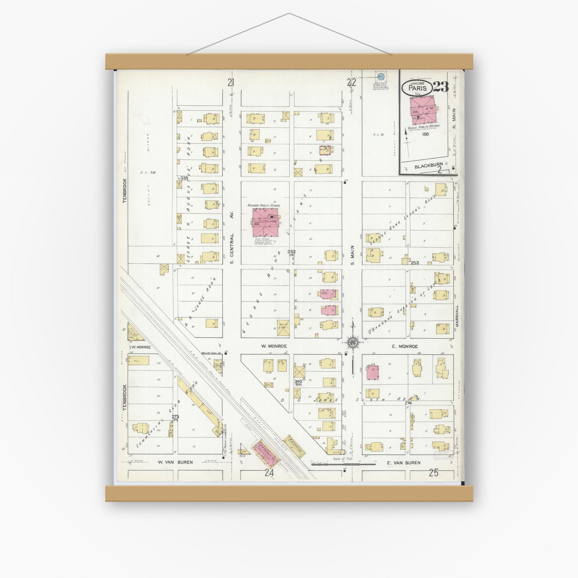 Old map wall art mockup — magnetic wood frame on white wall — Sanborn Fire Insurance Map from Paris, Edgar County, Illinois (1916), Sheet #0023