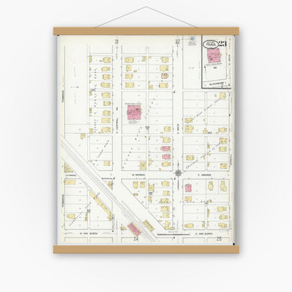 Old map wall art mockup — magnetic wood frame on white wall — Sanborn Fire Insurance Map from Paris, Edgar County, Illinois (1916), Sheet #0023