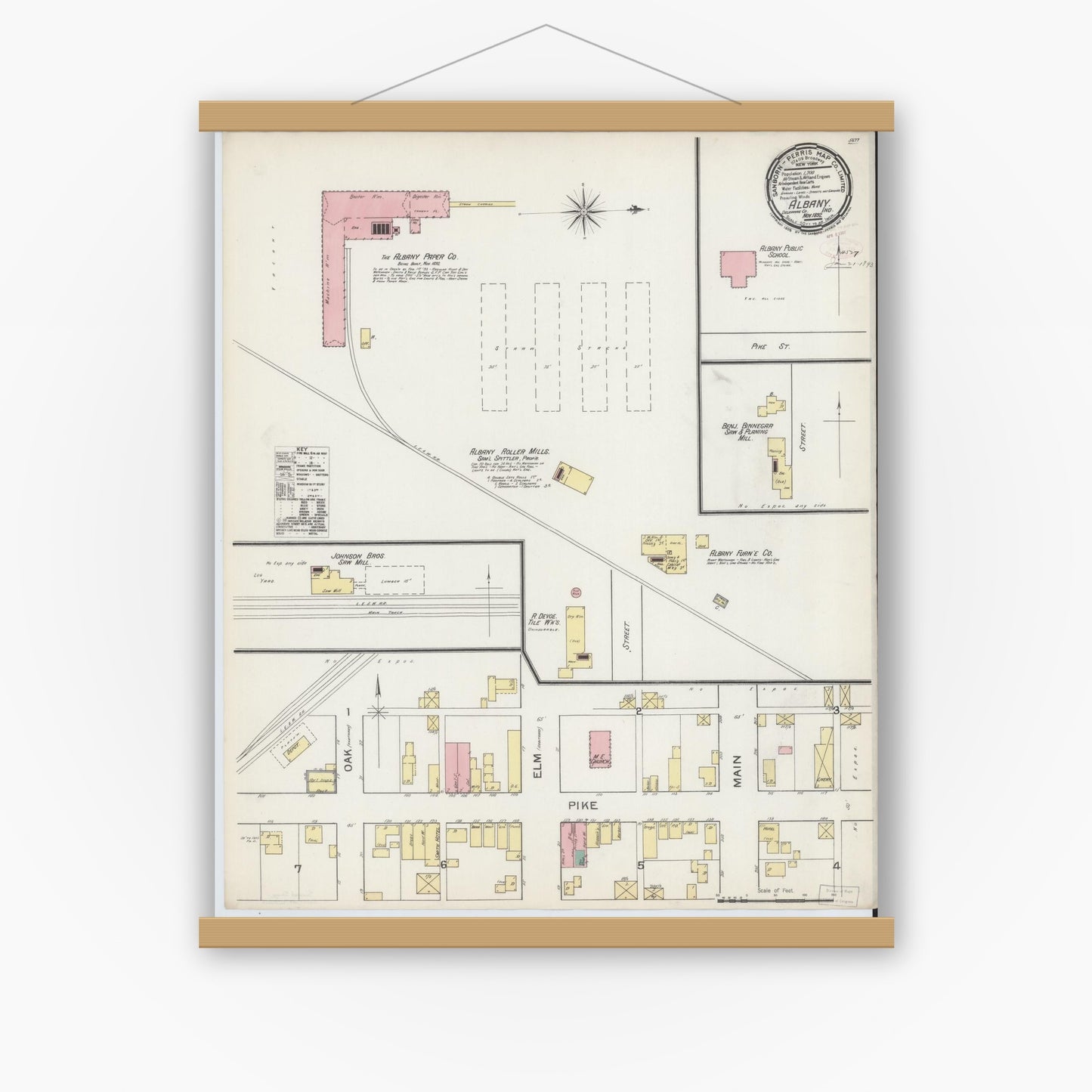 Old map wall art mockup — magnetic wood frame on white wall — Sanborn Fire Insurance Map from Albany, Delaware County, Indiana (1892), Sheet #0001
