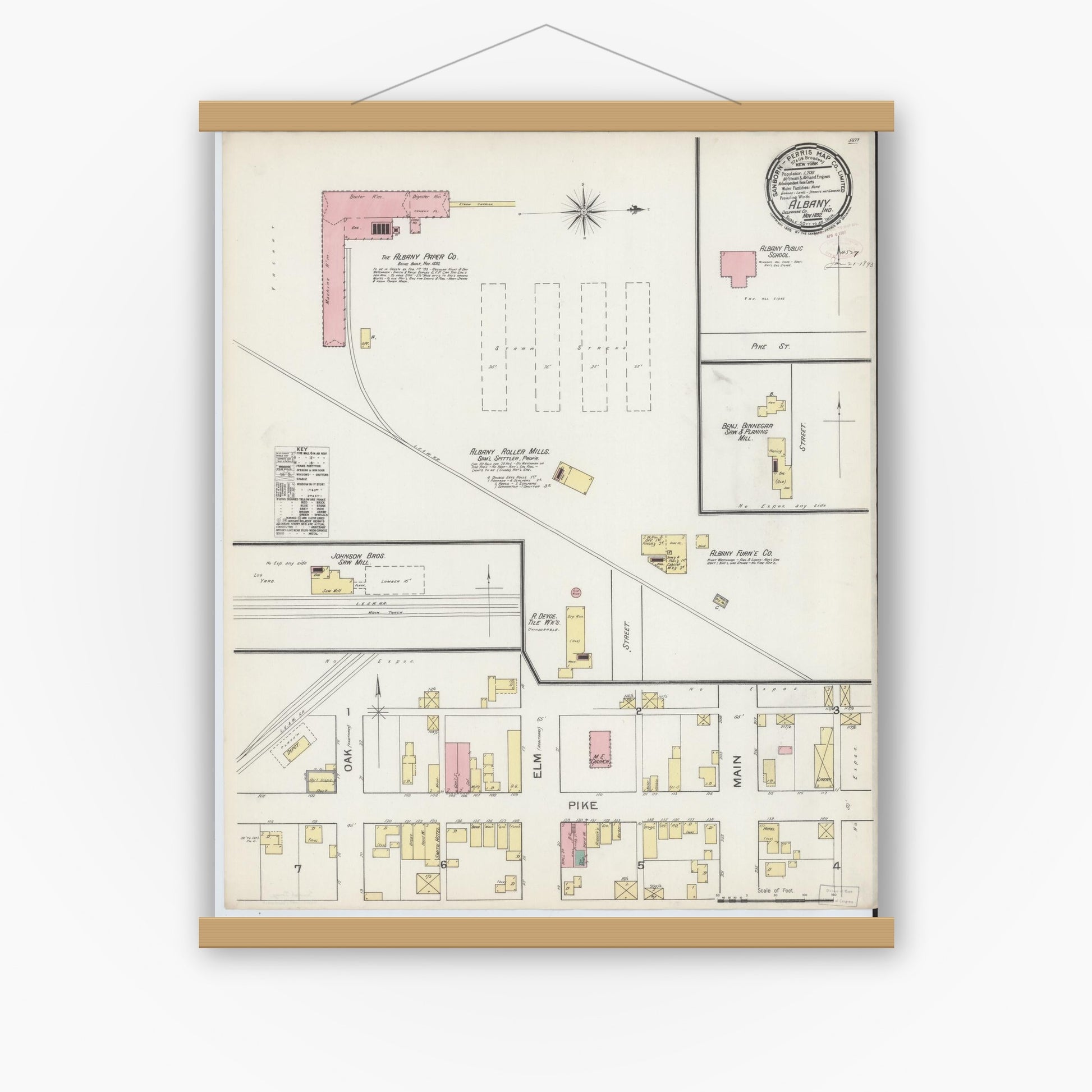 Old map wall art mockup — magnetic wood frame on white wall — Sanborn Fire Insurance Map from Albany, Delaware County, Indiana (1892), Sheet #0001