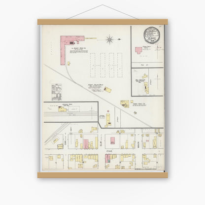 Old map wall art mockup — magnetic wood frame on white wall — Sanborn Fire Insurance Map from Albany, Delaware County, Indiana (1892), Sheet #0001