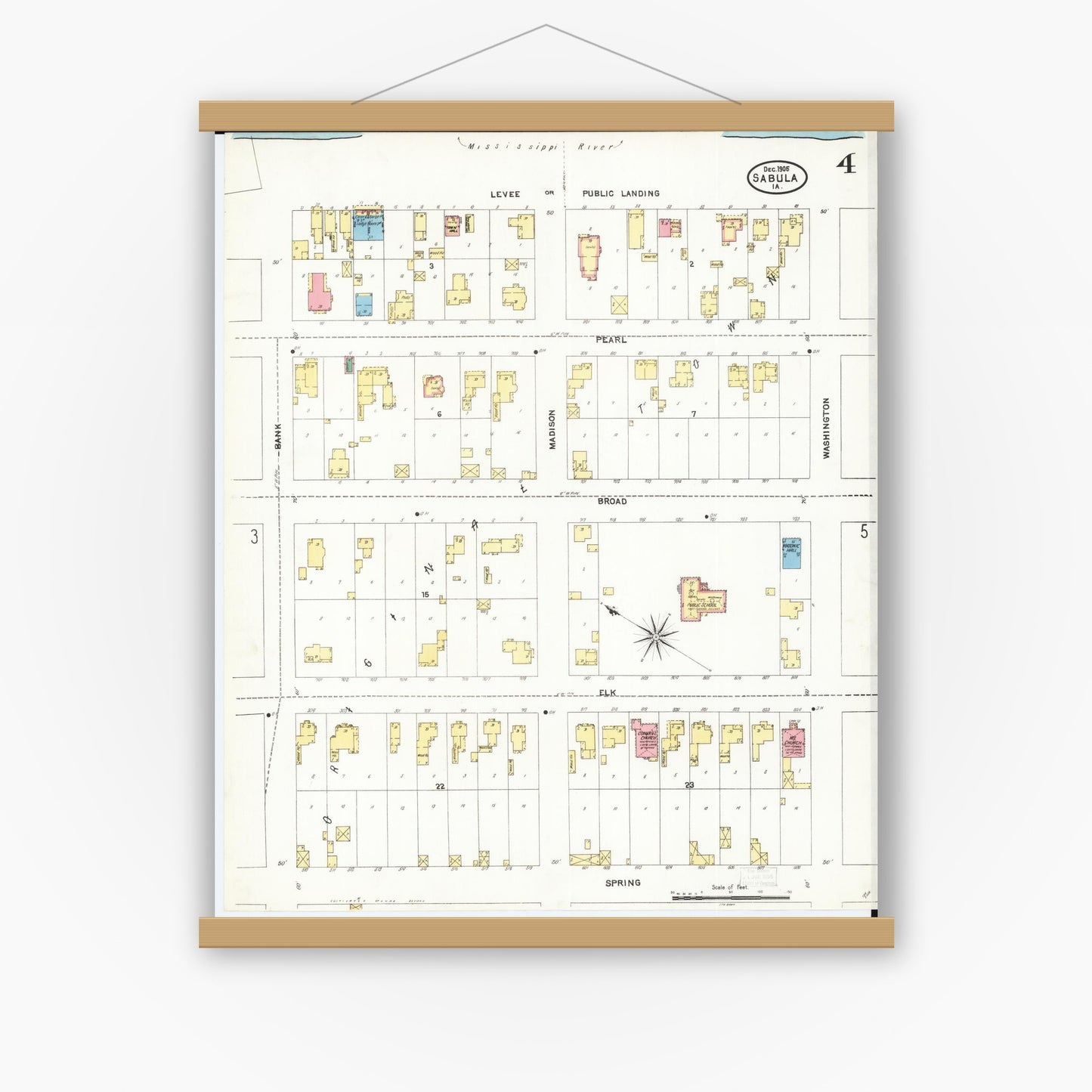 Old map wall art mockup — magnetic wood frame on white wall — Sanborn Fire Insurance Map from Sabula, Jackson County, Iowa (1905), Sheet #0004