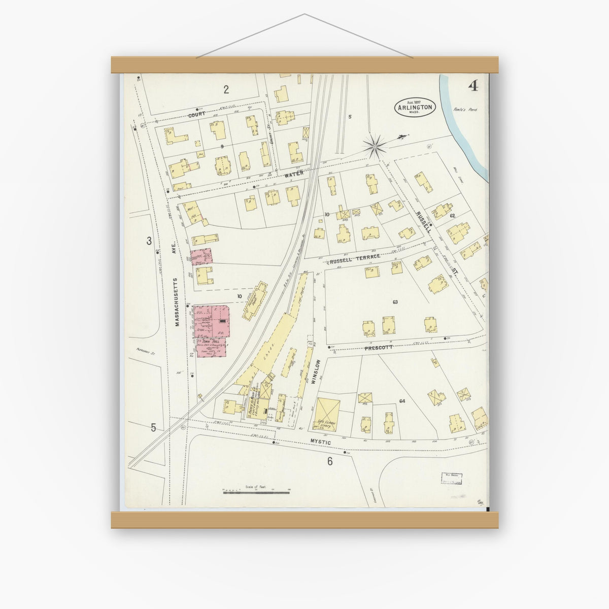 Old map wall art mockup — magnetic wood frame on white wall — Sanborn Fire Insurance Map from Arlington, Middlesex County, Massachusetts (1897), Sheet #0004