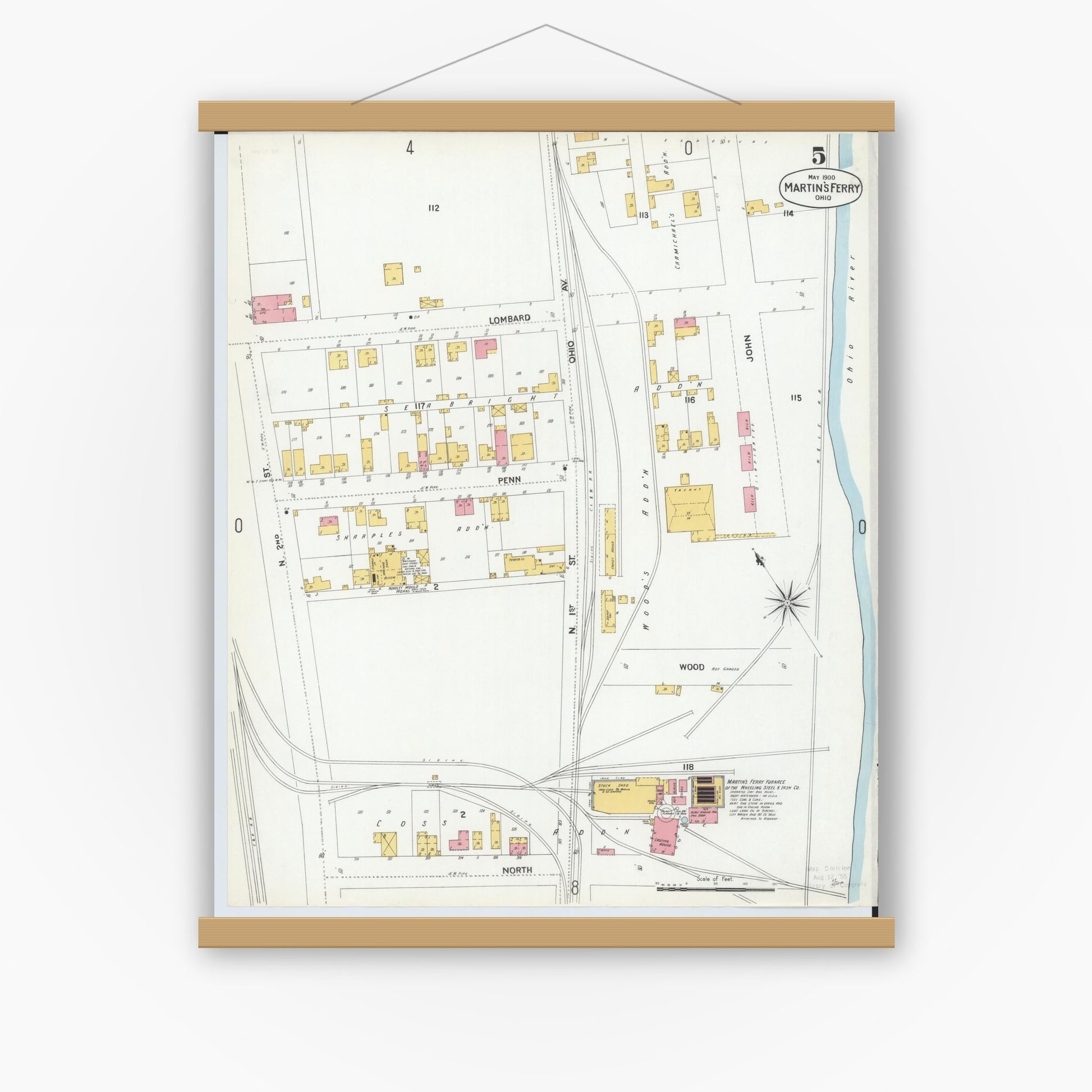 Old map wall art mockup — magnetic wood frame on white wall — Sanborn Fire Insurance Map from Martins Ferry, Belmont County, Ohio (1900), Sheet #0005