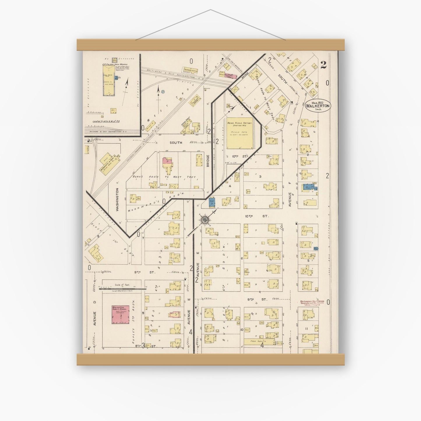 Old map wall art mockup — magnetic wood frame on white wall — Sanborn Fire Insurance Map from Walkerton, Saint Joseph County, Indiana (1922), Sheet #0002