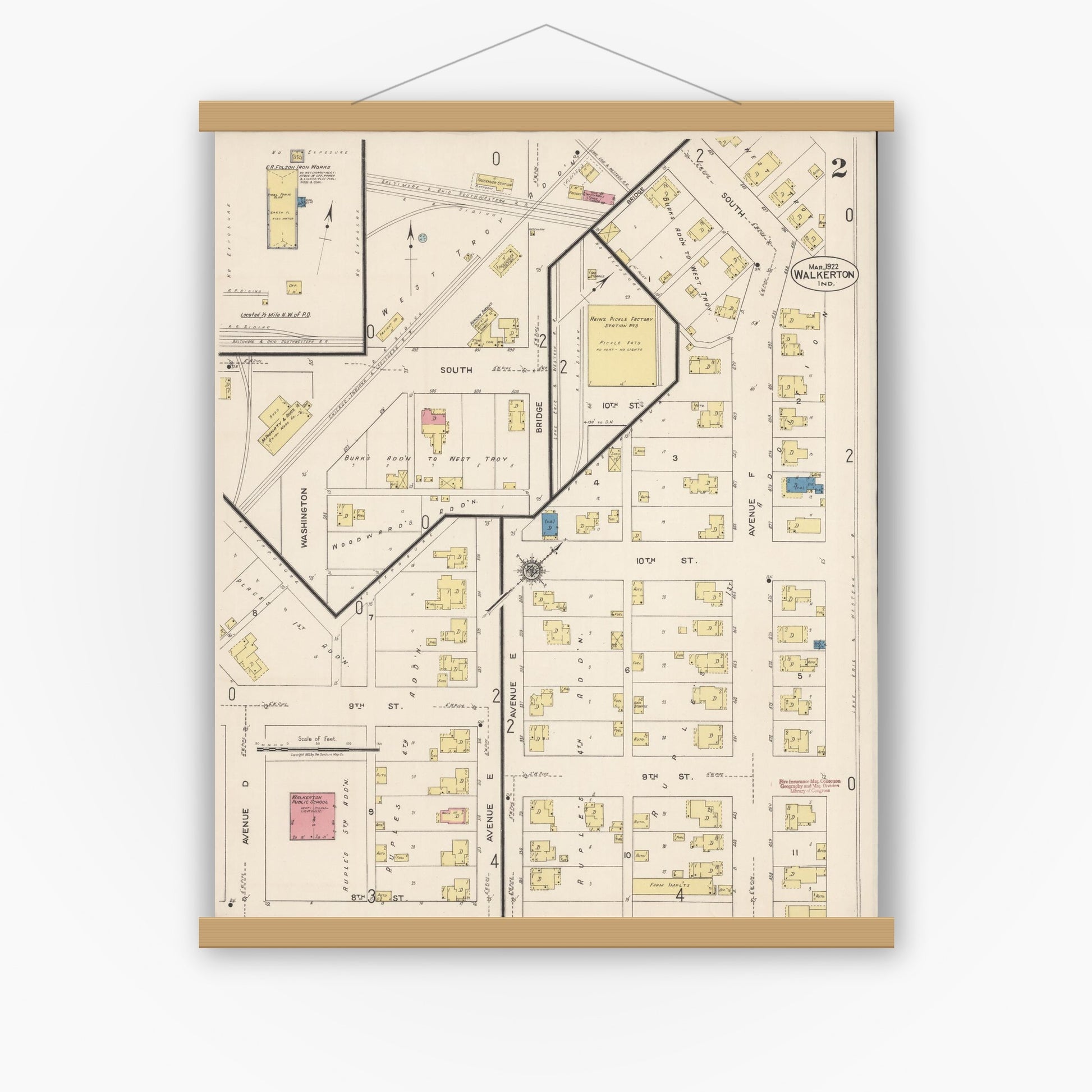 Old map wall art mockup — magnetic wood frame on white wall — Sanborn Fire Insurance Map from Walkerton, Saint Joseph County, Indiana (1922), Sheet #0002