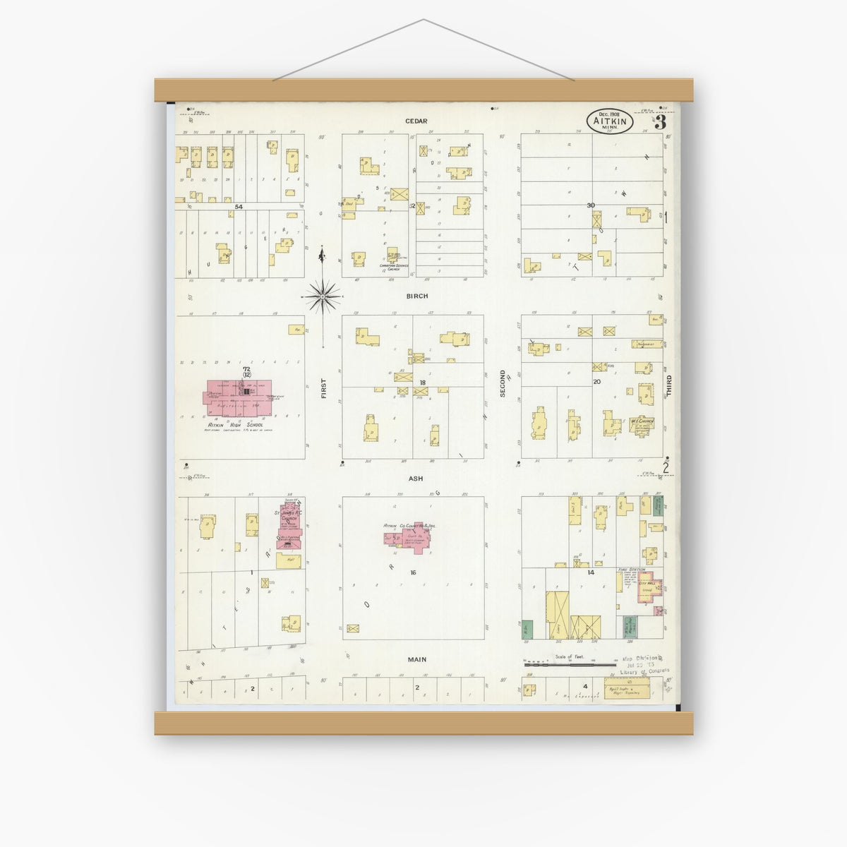 Old map wall art mockup — magnetic wood frame on white wall — Sanborn Fire Insurance Map from Aitkin, Aitkin County, Minnesota (1908), Sheet #0003