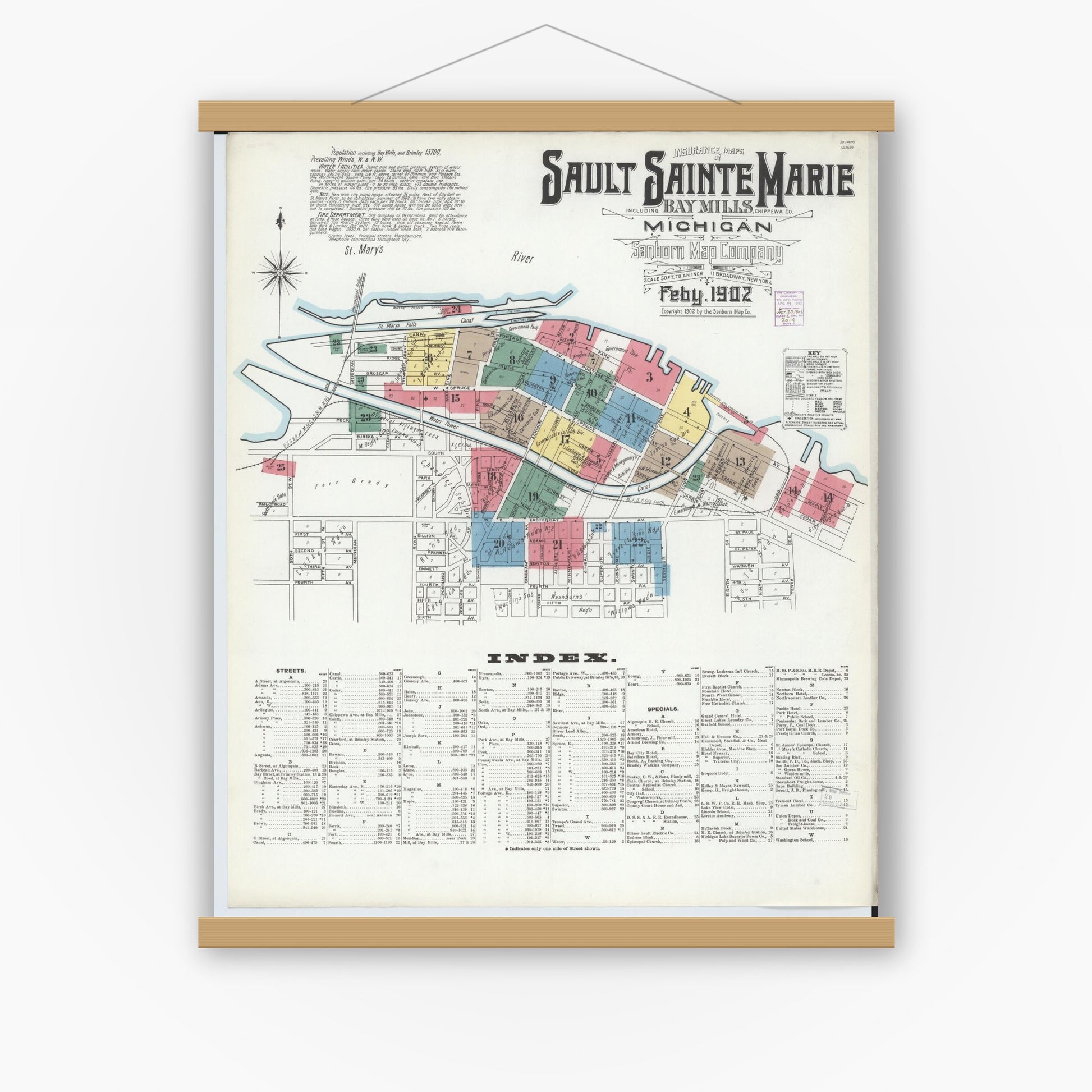 Old map wall art mockup — magnetic wood frame on white wall — Sanborn Fire Insurance Map from Sault Sainte Marie, Chippewa County, Michigan (1902) - Complete Map Set