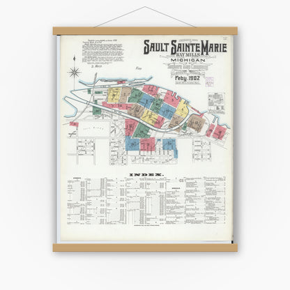 Old map wall art mockup — magnetic wood frame on white wall — Sanborn Fire Insurance Map from Sault Sainte Marie, Chippewa County, Michigan (1902) - Complete Map Set