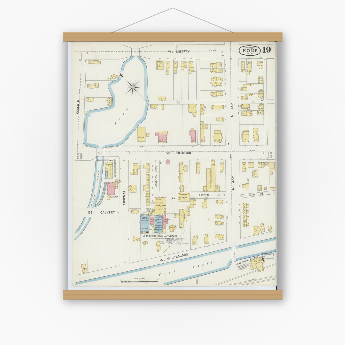 Old map wall art mockup — magnetic wood frame on white wall — Sanborn Fire Insurance Map from Rome, Oneida County, New York (1894), Sheet #0019