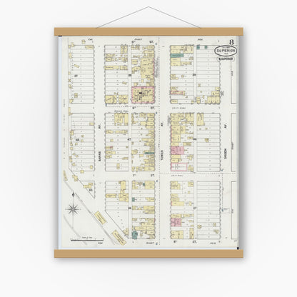 Old map wall art mockup — magnetic wood frame on white wall — Sanborn Fire Insurance Map from Superior, Douglas County, Wisconsin (1887), Sheet #0008