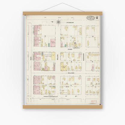 Old map wall art mockup — magnetic wood frame on white wall — Sanborn Fire Insurance Map from Moberly, Randolph County, Missouri (1888), Sheet #0002