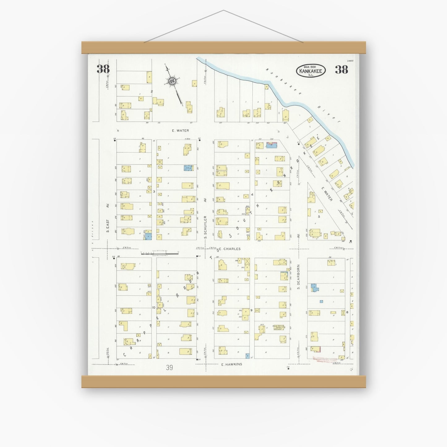Old map wall art mockup — magnetic wood frame on white wall — Sanborn Fire Insurance Map from Kankakee, Kankakee County, Illinois (1930), Sheet #0038