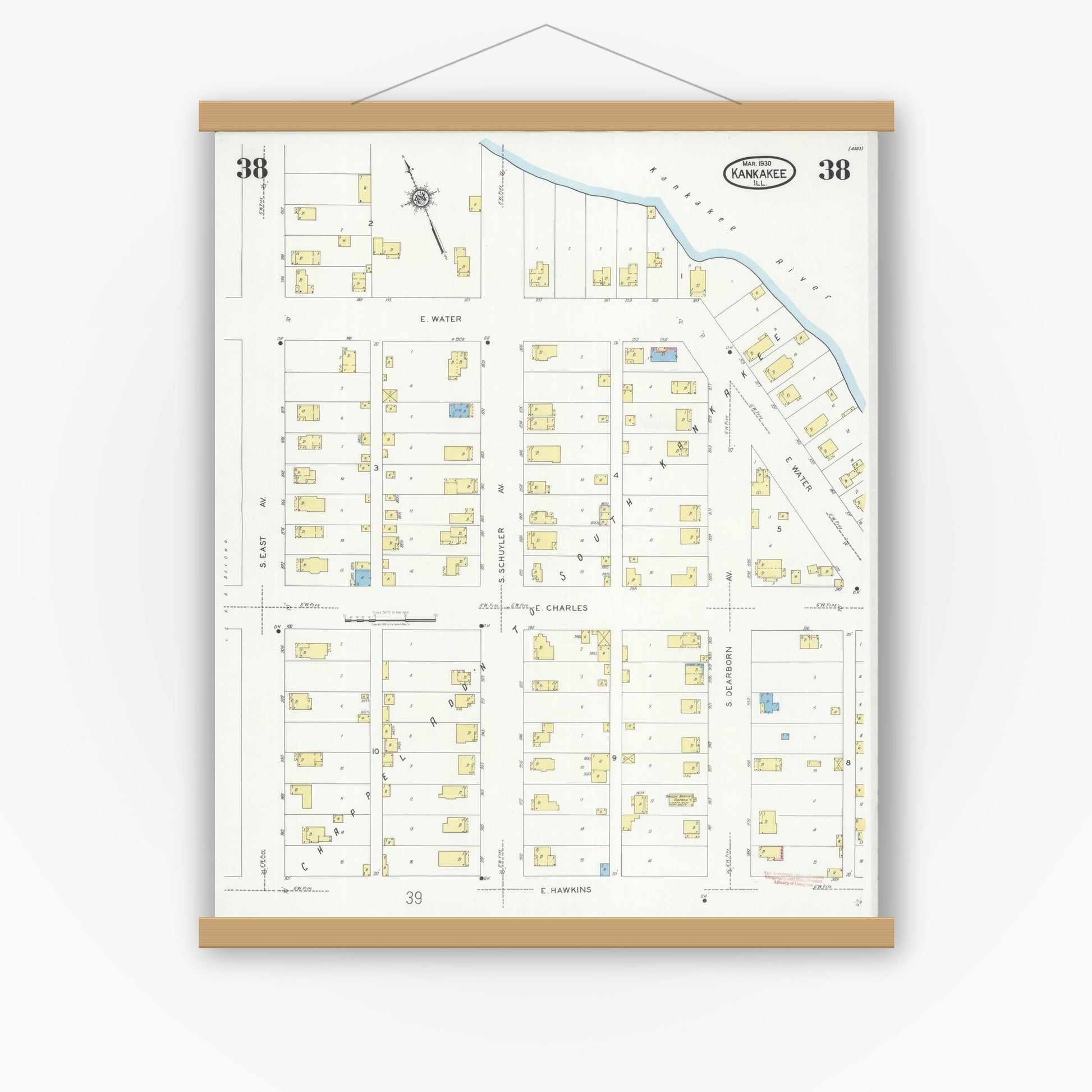 Old map wall art mockup — magnetic wood frame on white wall — Sanborn Fire Insurance Map from Kankakee, Kankakee County, Illinois (1930), Sheet #0038